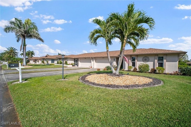 ranch-style house featuring driveway, stucco siding, a garage, and a front yard