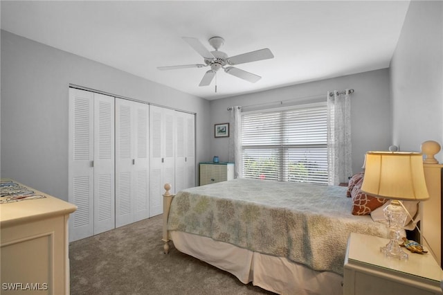 bedroom featuring carpet floors, ceiling fan, and a closet