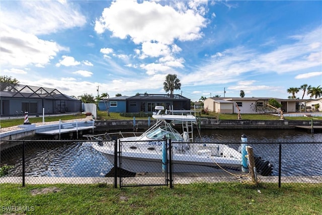 view of dock featuring a residential view and a water view