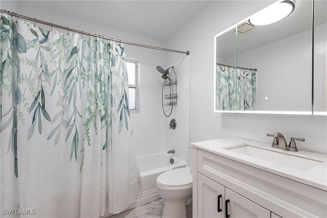 bathroom with visible vents, toilet, marble finish floor, shower / bath combination with curtain, and vanity