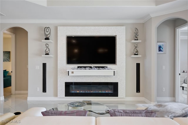 28074 Edenderry Ct, Bonita Springs, FL 34135 - tiled living area featuring crown molding, arched walkways, and baseboards