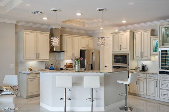 28074 Edenderry Ct, Bonita Springs, FL 34135 - kitchen featuring stainless steel fridge with ice dispenser, wall chimney exhaust hood, cream cabinetry, crown molding, and recessed lighting