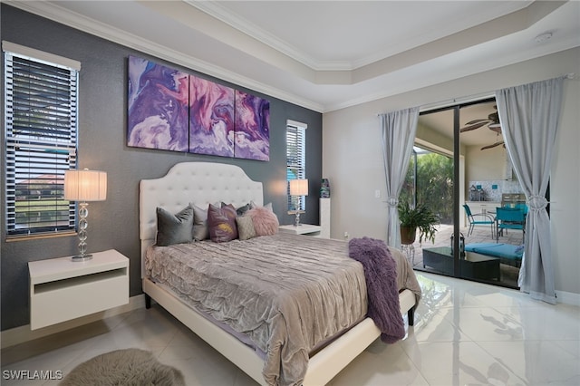 28074 Edenderry Ct, Bonita Springs, FL 34135 - tiled bedroom featuring access to exterior, ornamental molding, multiple windows, a raised ceiling, and a textured wall