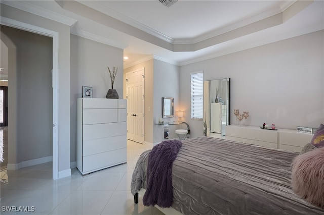 28074 Edenderry Ct, Bonita Springs, FL 34135 - bedroom with light tile patterned floors, ornamental molding, baseboards, and a raised ceiling