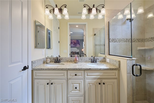 28074 Edenderry Ct, Bonita Springs, FL 34135 - ensuite bathroom with a stall shower, double vanity, and crown molding