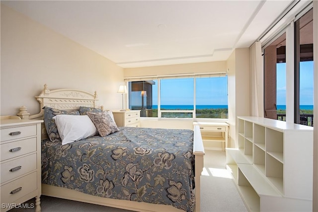 bedroom with carpet flooring and a water view