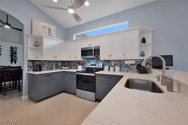 kitchen featuring a sink, stainless steel appliances, open shelves, and white cabinets