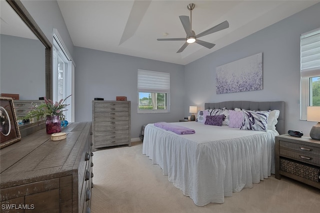 bedroom with multiple windows, a tray ceiling, a ceiling fan, and light colored carpet