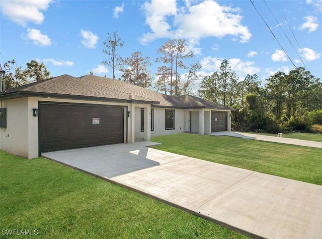 single story home with roof with shingles, stucco siding, a garage, driveway, and a front lawn