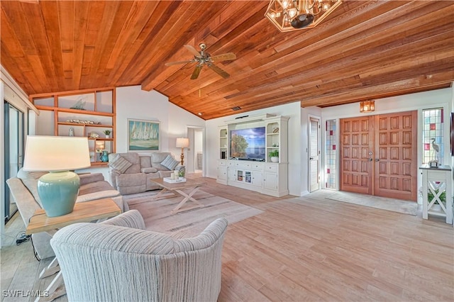 living room featuring a chandelier, lofted ceiling, wooden ceiling, and light wood-style flooring