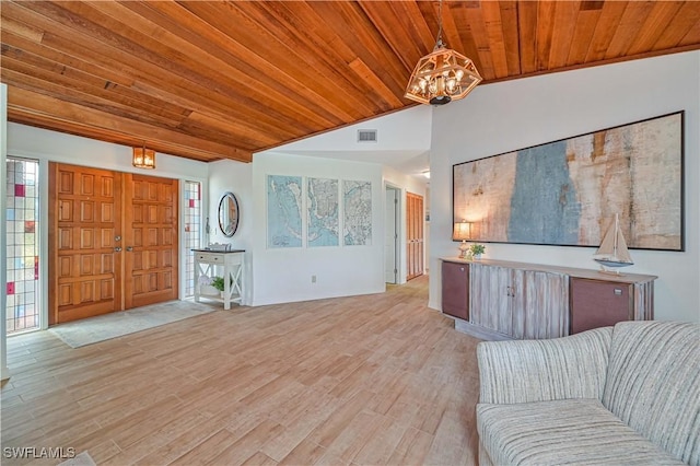4145 Prestwick Ct, North Fort Myers, FL 33903 - unfurnished living room with a chandelier, lofted ceiling, visible vents, wood ceiling, and light wood-style floors