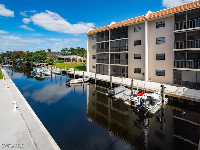 exterior space with a water view