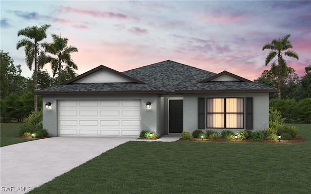 ranch-style house featuring a garage, concrete driveway, roof with shingles, a front lawn, and stucco siding