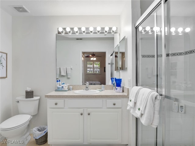 full bath featuring a stall shower, visible vents, ensuite bathroom, and ceiling fan