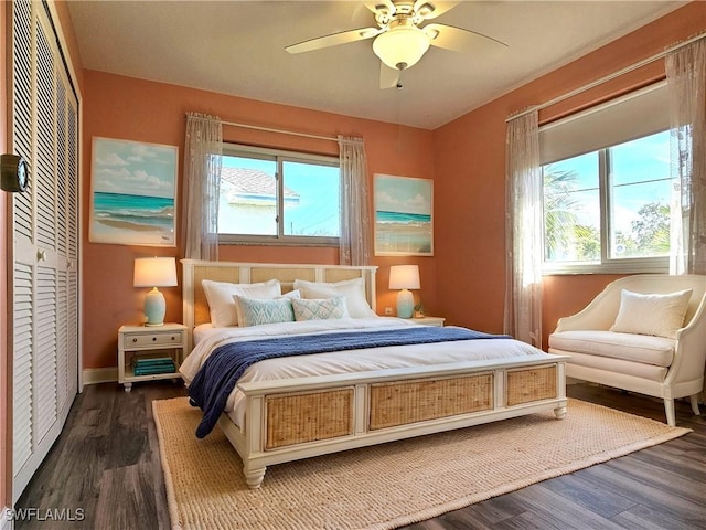 bedroom featuring dark wood-style floors, multiple windows, a ceiling fan, and baseboards