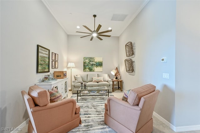 living room with recessed lighting, visible vents, ornamental molding, a ceiling fan, and baseboards