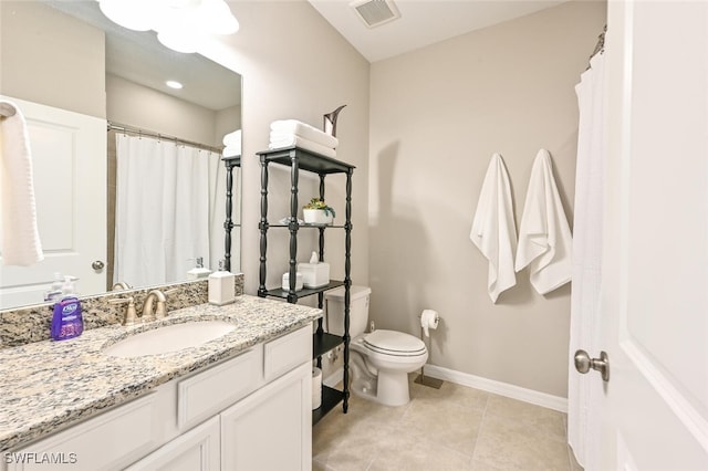 full bathroom with visible vents, toilet, vanity, baseboards, and tile patterned floors