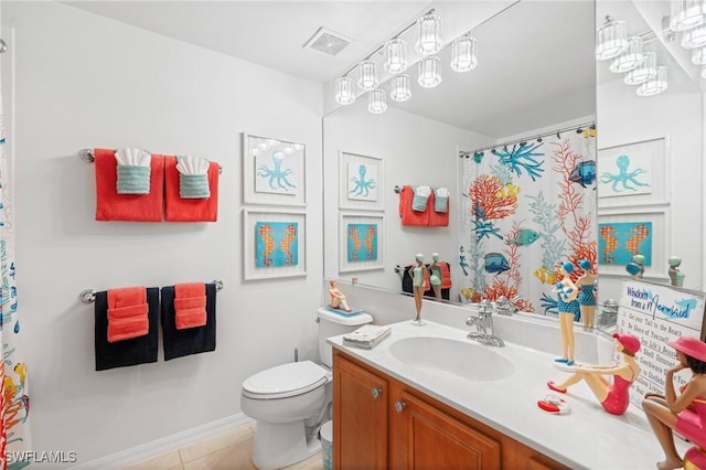 full bathroom with toilet, tile patterned flooring, visible vents, and vanity