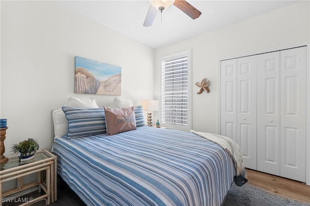 bedroom featuring ceiling fan, a closet, and wood finished floors