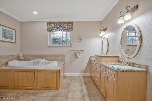 full bath featuring baseboards, ornamental molding, vanity, and tile patterned floors