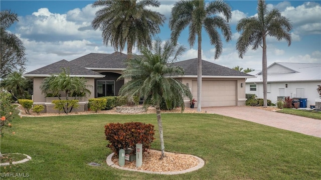 view of front of house featuring a garage, a shingled roof, decorative driveway, a front lawn, and stucco siding