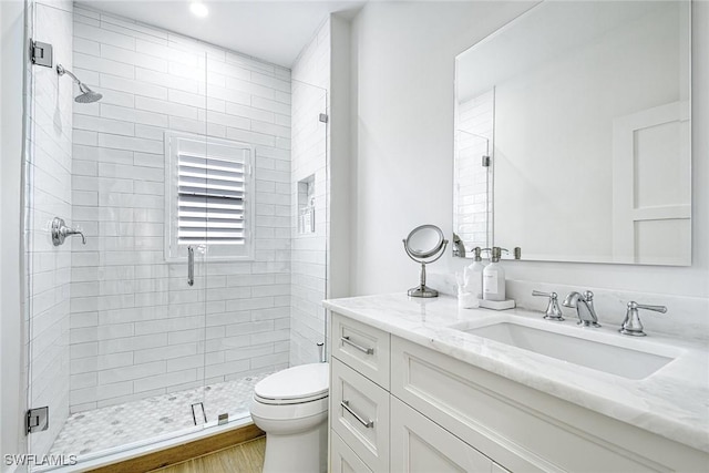 bathroom with toilet, a shower stall, and vanity