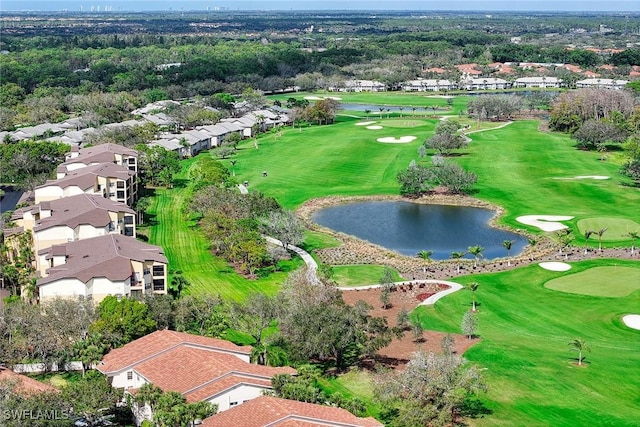 bird's eye view featuring a water view, a residential view, and golf course view