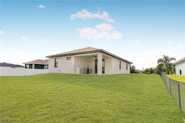 back of property featuring ceiling fan, a yard, a fenced backyard, and stucco siding