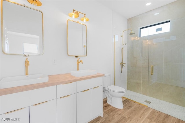 full bathroom featuring double vanity, wood finished floors, a sink, and a shower stall