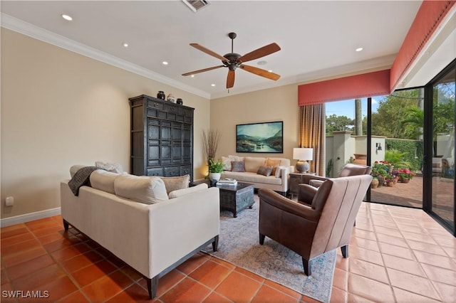 living room featuring recessed lighting, visible vents, crown molding, and tile patterned floors