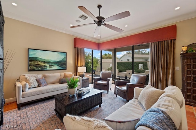 living area with ornamental molding, recessed lighting, and visible vents