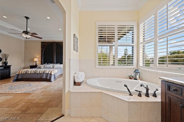 full bath featuring recessed lighting, ornamental molding, vanity, ensuite bath, and a bath