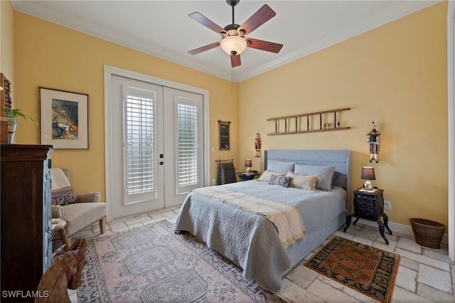 bedroom featuring access to outside, ornamental molding, french doors, and baseboards