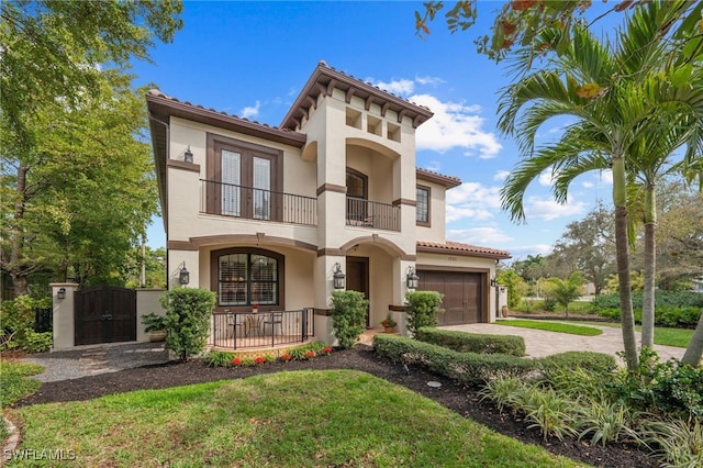 mediterranean / spanish house featuring driveway, a gate, a balcony, and stucco siding