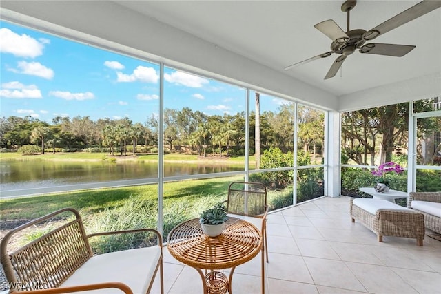 sunroom featuring a water view and ceiling fan