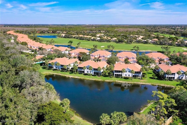 birds eye view of property featuring a residential view, a water view, and golf course view