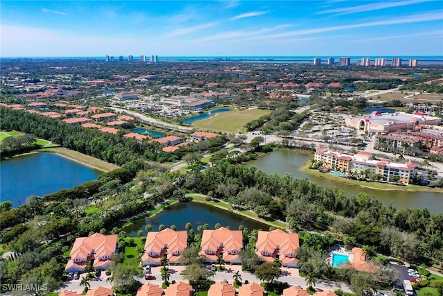 aerial view featuring a water view