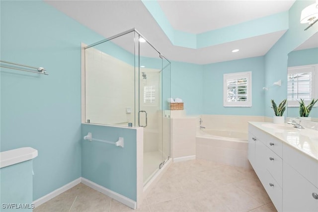 bathroom featuring baseboards, tile patterned flooring, vanity, a shower stall, and a bath