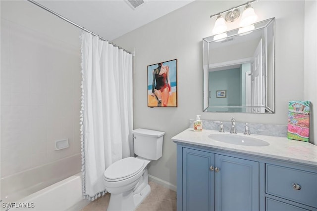 full bath featuring toilet, visible vents, vanity, tile patterned floors, and shower / bath combination with curtain