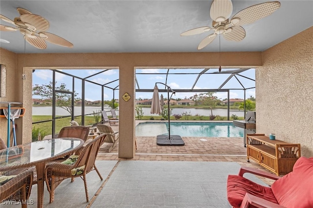 4178 Bloomfield St, Fort Myers, FL 33916 - sunroom featuring a ceiling fan, a pool, and a water view