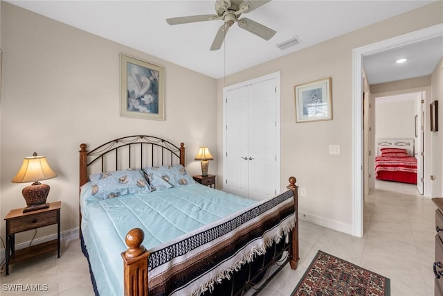 4178 Bloomfield St, Fort Myers, FL 33916 - bedroom featuring a closet, baseboards, light tile patterned floors, and a ceiling fan