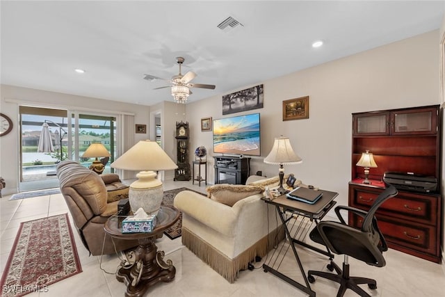 4178 Bloomfield St, Fort Myers, FL 33916 - living room featuring a ceiling fan, recessed lighting, and light tile patterned floors