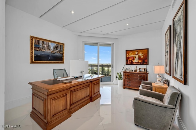 home office with recessed lighting, light tile patterned flooring, and baseboards