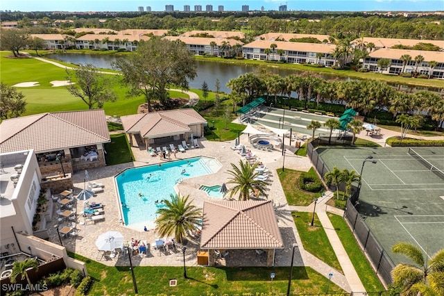 aerial view featuring a water view