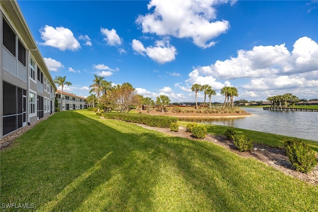 view of community with a lawn and a water view