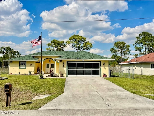 ranch-style house with a garage, concrete driveway, fence, a front yard, and stucco siding