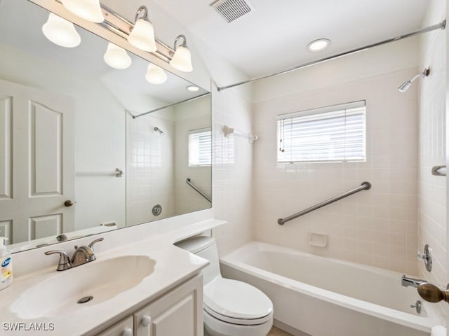 full bathroom featuring shower / washtub combination, recessed lighting, visible vents, toilet, and vanity