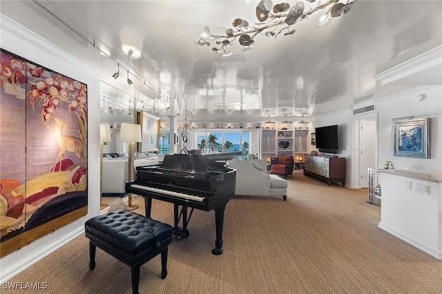 living area featuring carpet and ornamental molding