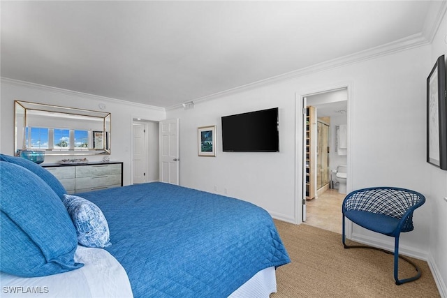 bedroom featuring baseboards, crown molding, and light colored carpet