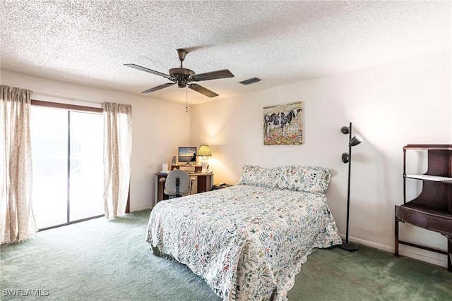 carpeted bedroom with a ceiling fan, access to outside, visible vents, and a textured ceiling